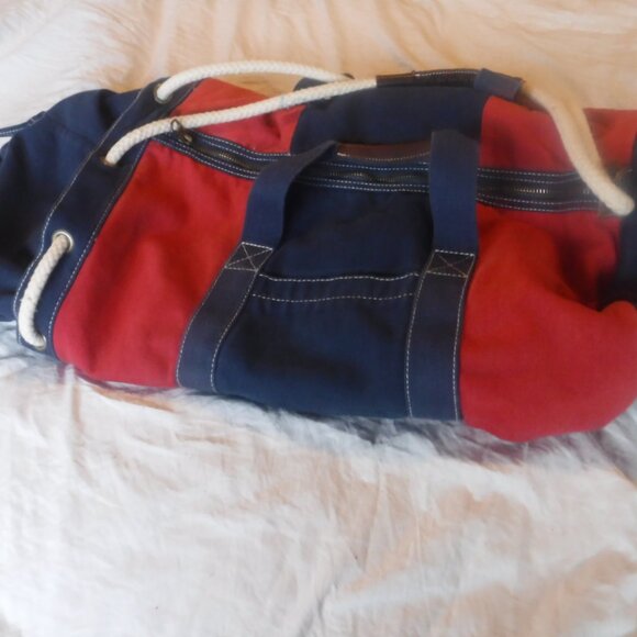 J, Crew Heavy Blue and Red Canvas Duffle Bag J Crew Canvas Rope pull string Bag - Picture 6 of 13